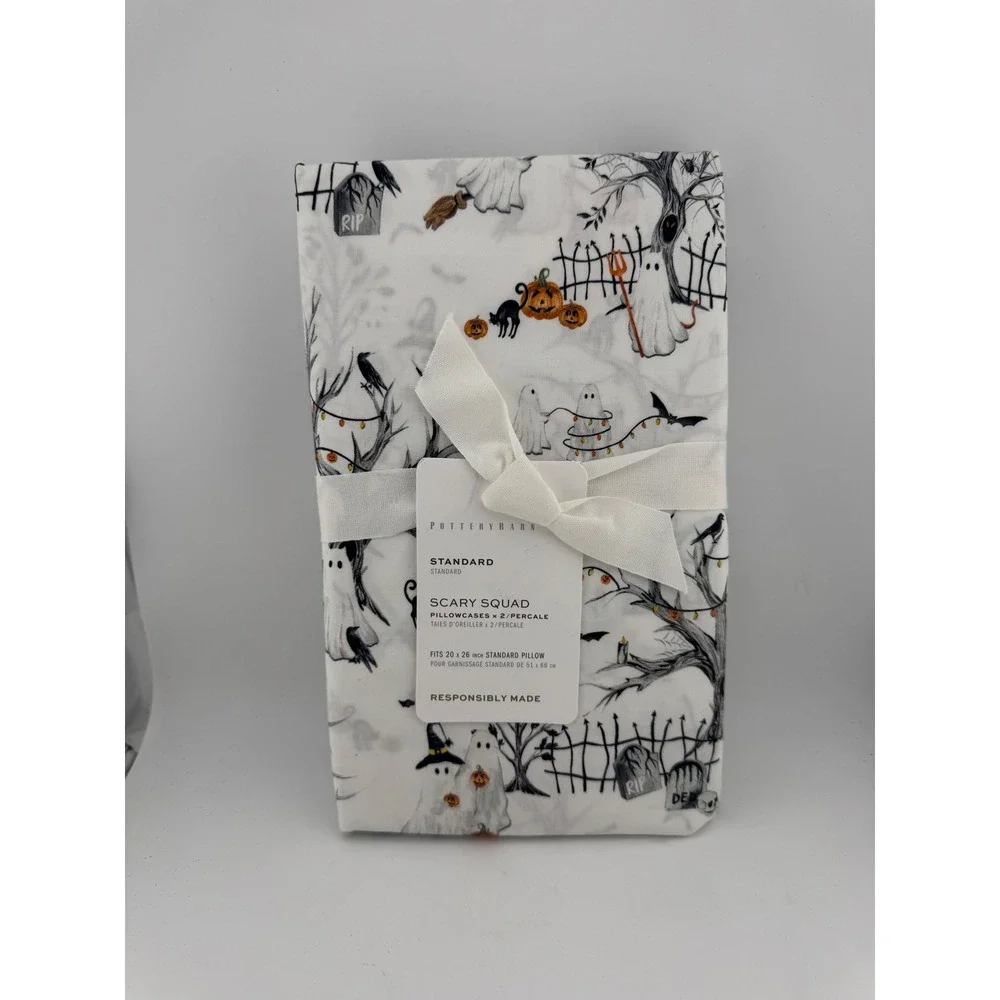 Pottery Barn Scary Squad Pillowcase Set Standard White Halloween NWT (1944)
